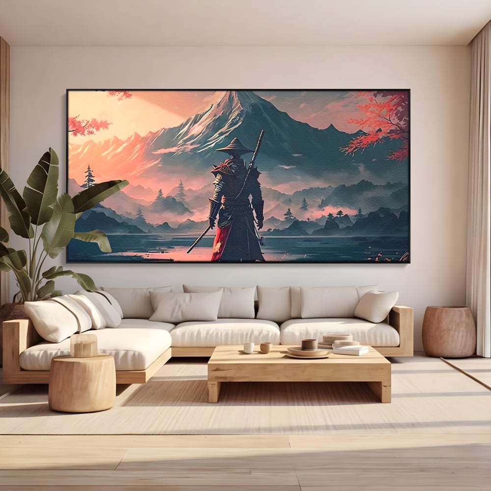 Tablou canvas cu samurai cu sabie pe malul lacului, in rama de aluminiu negru, pe perete intr-un living
